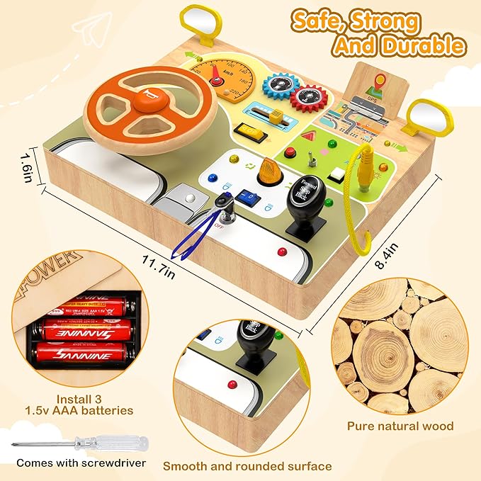JGOBUB Montessori Toddler Toys - Baby Wooden Busy Board - Sensory Toys with Light Switch - Travel Toys for Educational Toddler Activities for Toddlers 3 4 5 6+ Year Old