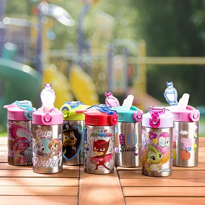 Zak Designs Paw Patrol Skye - Stainless Steel Water Bottle with One Hand Operation Action Lid and Built-in Carrying Loop, Straw Spout is Perfect for Kids (15.5 oz)