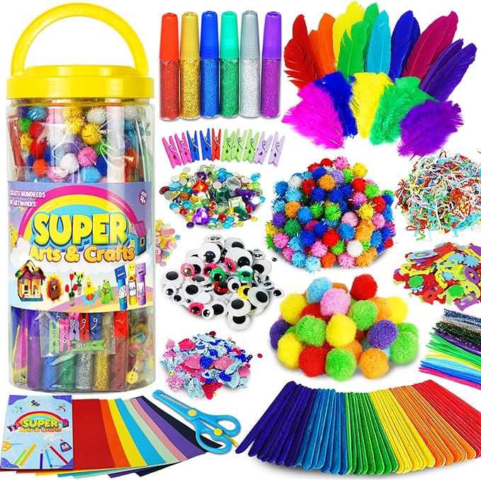 FUNZBO Arts and Crafts Supplies for Kids - Kindergarten School Craft Kit with Glitter Glue Stick, Glue, Pipe Cleaners Craft and Kids' Scissor, Birthday Gifts for Toddler Girls Boys Age 4+