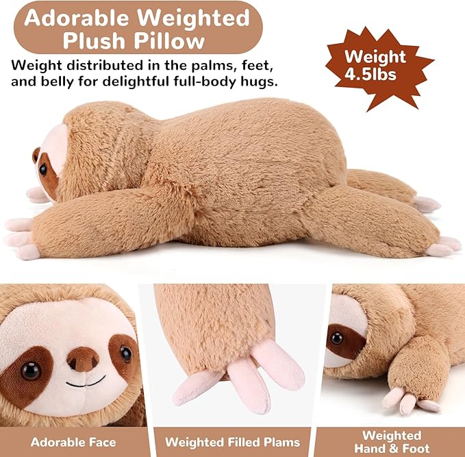 gnomantic Sloth Weighted Stuffed Animals - 22 Inch 4.5 Pounds Weighted Plushies Sloth Stuffed Animals - Big Plush Pillow - Cute Plush Toys Gifts for Kids & Adults (22" 4.5 lbs)