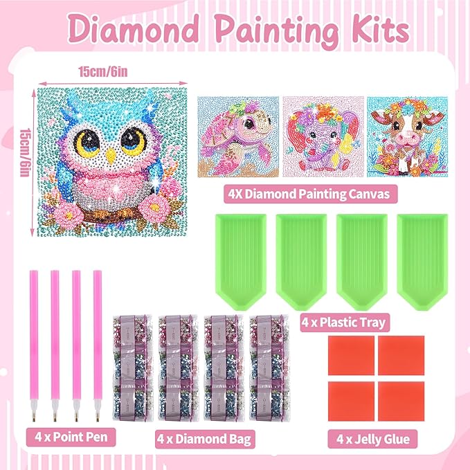 GIFOHAPY 4 Pack Diamond Art Kits for Kids, 5D Cute Animal Diamond Painting Kit for Beginners, Gem Art Crafts By Number for Boys Girls Ages 6-8-12-14,Home Wall Decor Gift 6X6“ (XY001+002+003+04)
