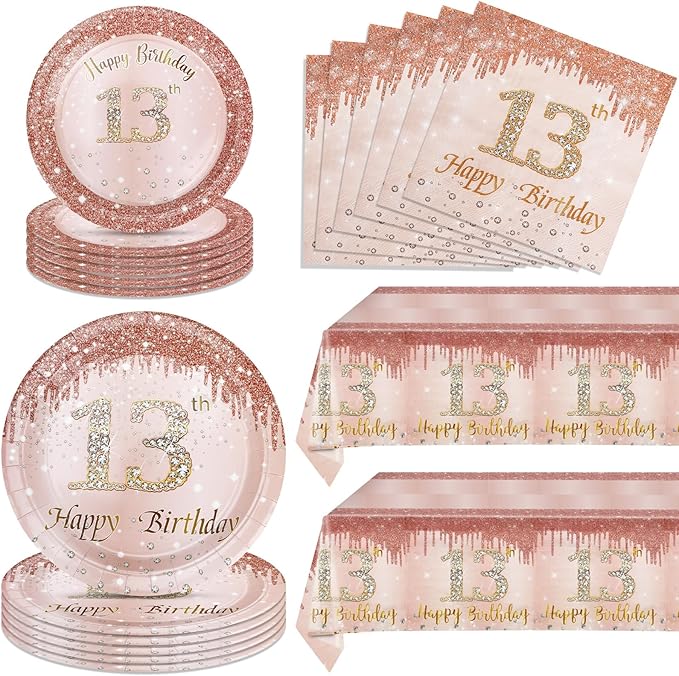 13th Birthday Party Decorations for Girls, Rose Gold Birthday Supplies Include 20Pcs Dinner Plates, 20Pcs Dessert Plates, 20Pieces Napkins and 2 Tablecloth, Sweet Thirteen Party Tableware