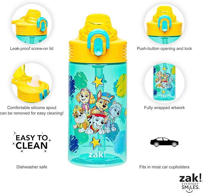Zak Designs PAW Patrol Sage Water Bottle For School or Travel, 16oz Durable Plastic Water Bottle With Straw, Handle, and Leak-Proof, Pop-Up Spout Cover (Chase, Marshall, Skye, Rubble, Everest)