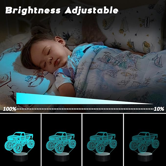 CoolGift Mart Monster Trucks Night Light for Boys, 3D LED Optical Illusion Lamp with Remote Control and Timer, Perfect Christmas and Birthday Gift Idea for Boys, Kids, and Teens