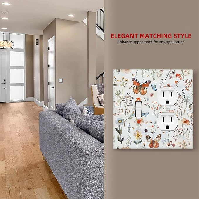 Wallplates Butterfly Floral Boho Multicolor Flower Leave 1 Toggle 1 Duplex Switch Plate Electrical GFCI Faceplate Decorative Light Switch Covers for Bed Room living Room Decor