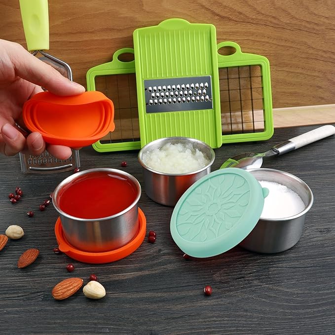 SUKKI Stainless Steel Condiment Containers - 4 PCS Salad Dressing Containers with Food Grade and Leakproof Silicone Lids - 2x3.4oz +2x1.8oz for Snacks, Desserts, Souffle, Baby Food