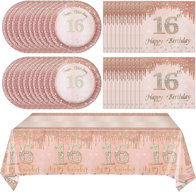 41Pcs 16th Birthday Party Decorations for Girls, Rose Gold Birthday Supplies Include 20 Plates 20 Napkins and 1 Pcs Tablecloth, Sweet Sixteen Year Old Birthday Party Tableware for Girls Kids Children