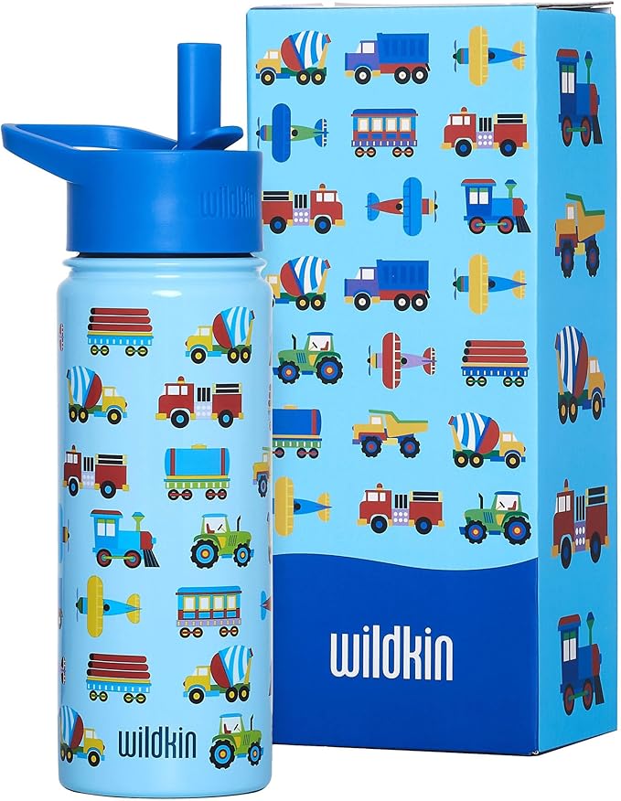Wildkin Kids 18oz Stainless Steel Water Bottle – BPA-Free, Leakproof, Insulated, Easy-Clean - Trains, Planes & Trucks
