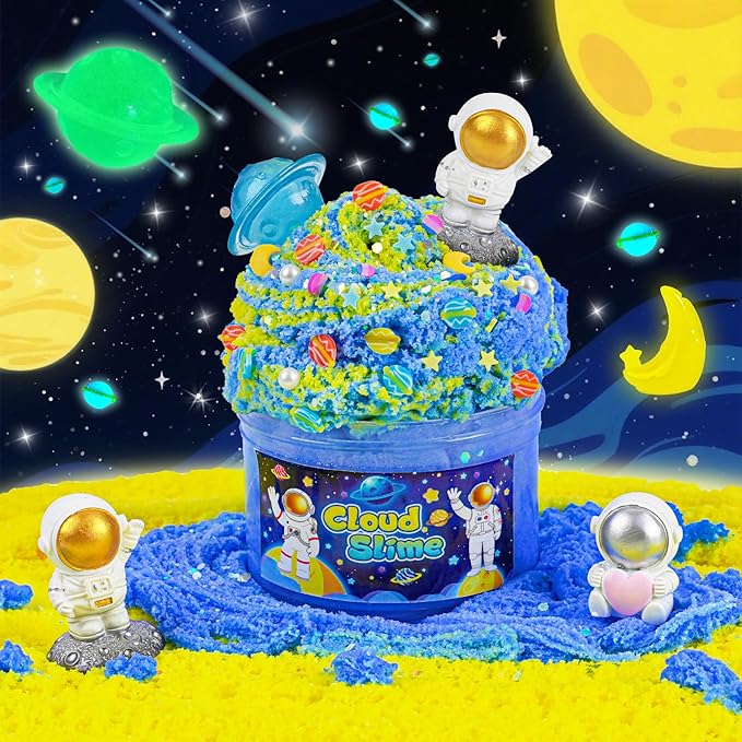 Galaxy Cloud Slime Kit for Kids, Glow in The Dark Space Slime with Astronaut Charms, Non-Sticky Soft Sensory Toys, Birthday Gifts Party Favors Classroom Prizes for Boys Girls Ages 4-12