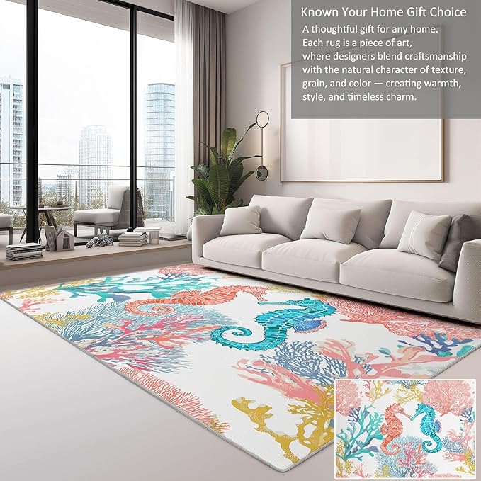 Washable Ocean Coral Seahorse Area Rugs 4×6.2ft Watercolor Style Non-Slip Floor Carpet for Kids Room Living Room Bedroom, Dining Room Home Office