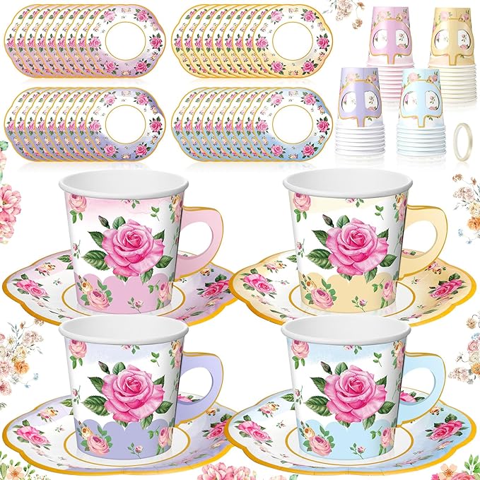 Umigy 36 Sets Mother's Day Tea Party Decorations 9 oz Floral Paper Teacups & Saucer Set for Girls Women Tea Parties Mothers Day Bridal Shower Wedding Birthday Party Decorations(Gradient Mixed Color)