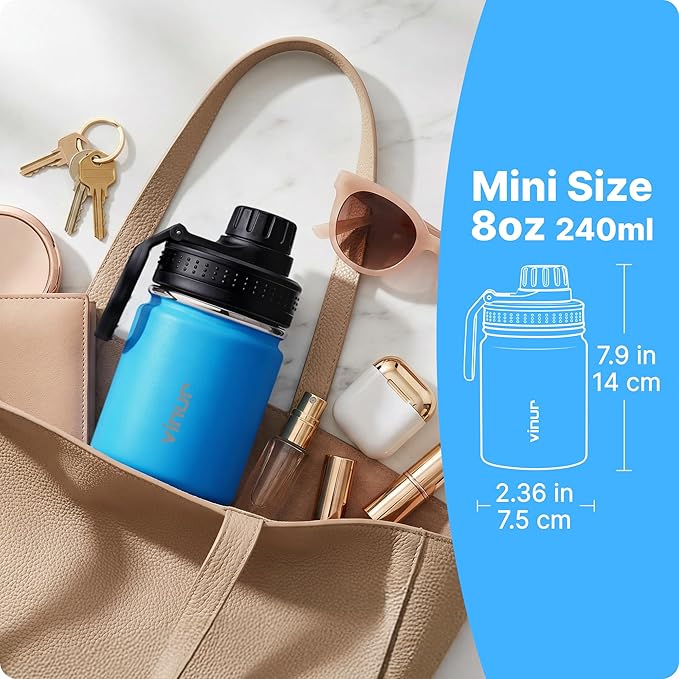 Vinur 8 oz Small Water Bottle for Purse-18/8 Stainless Steel Vacuum Insulated Mini Water Bottle for Kids Lunchbox, Handbag, Reusable Metal Leak Proof Flask, Sky Blue