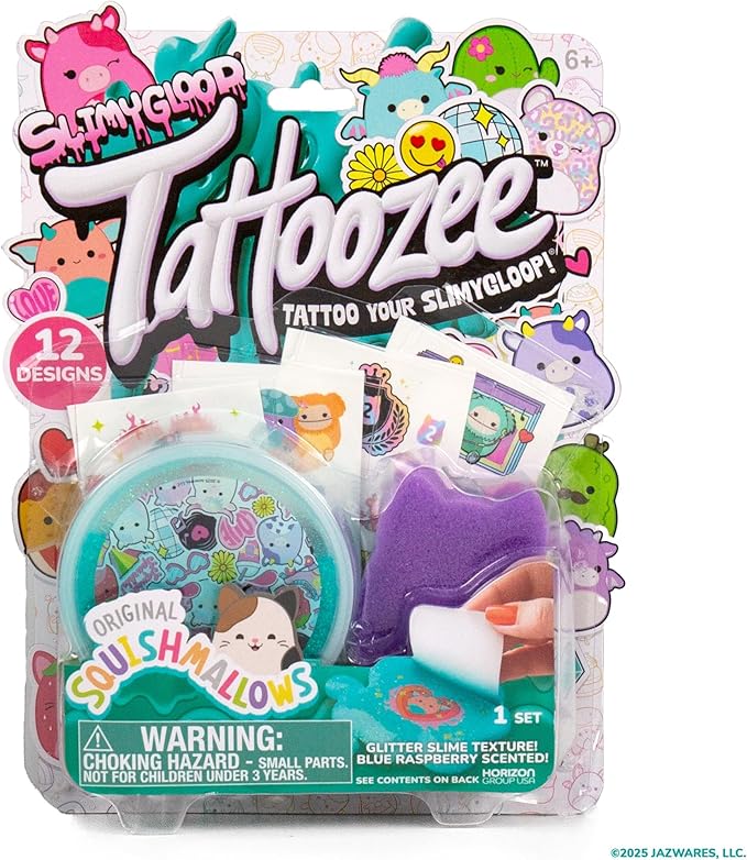 SLIMYGLOOP Tattoozee, Squishmallows Tattoo Transfer Slime Kit, Sensory Play for Kids Ages 6+, Blue Raspberry Scented, Glitter Texture