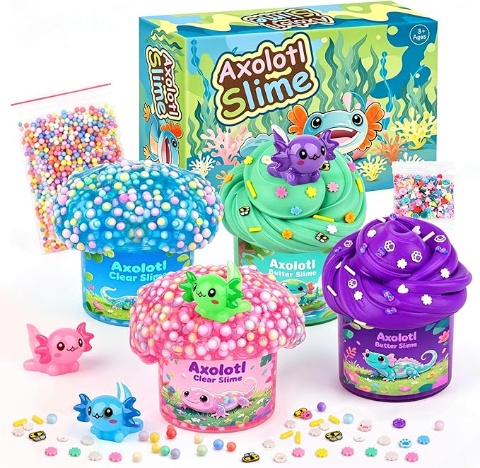 4 Pack Axolotl Slime Kit, Butter & Clear, Slime Party Favors for Kids with Axolotl Charms, Soft and Stretchy, Pink Blue Purple Green Slime for Girls & Boys 4-12