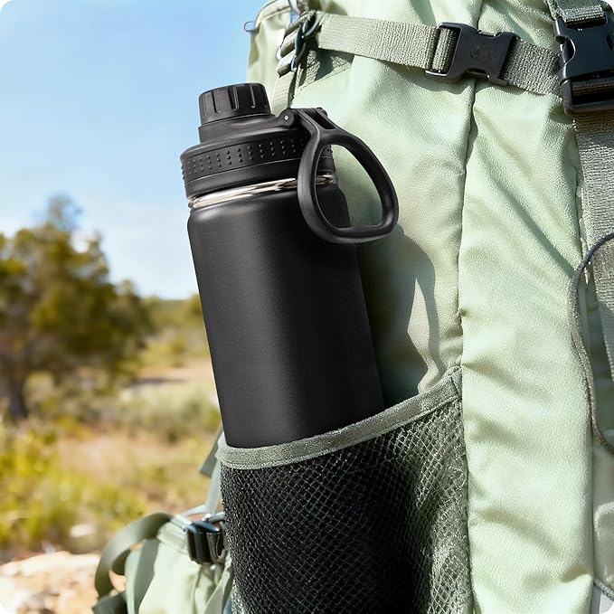 Insulated Water Bottle-22 oz Stainless Steel Double Wall Vacuum Wide Mouth Sports Water Bottle with Spout Lid-Metal Leak Proof Water Flask for Travel (Black)