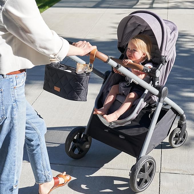 Beautiful Stroller Caddy Organizer With 2 Cup Holders – Luxury Stroller Bag, Universal Fit, Leather Straps & Zipper Pocket – Spacious Accessories Perfectly Fits Doona, Nuna & Uppababy Strollers