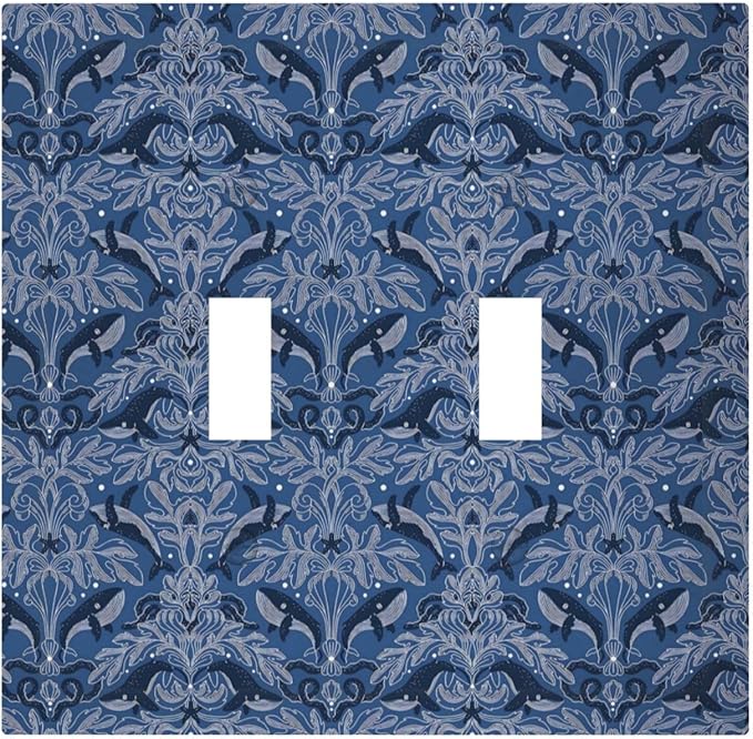 Blue Modern Nautical Art Whale Fish Ocean Damascus Decorative Switch Plates 2 Gang Double Toggle Outlet Light Switch Cover Wall Plate Electrical Faceplate for Bedroom Living Room Decor