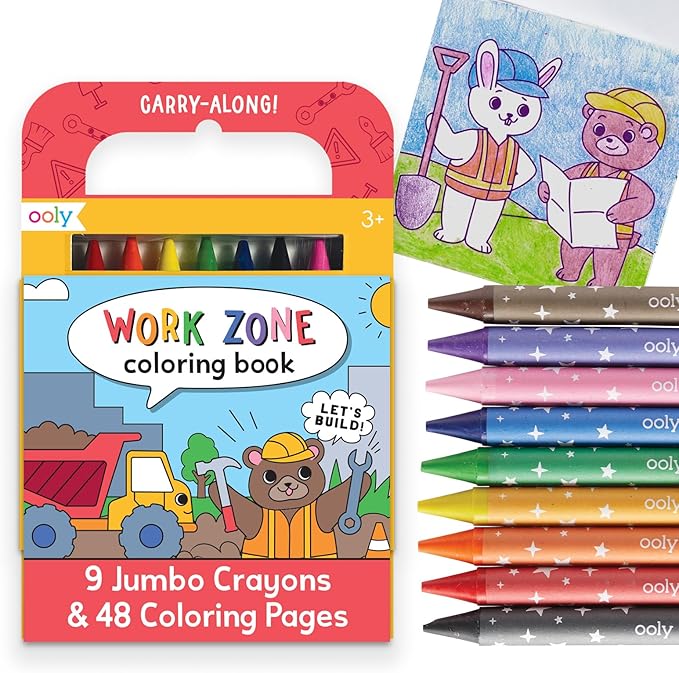 Ooly Travel Art Kit with 9 Jumbo Crayons & 48 Themed Coloring Pages & Case for Easy Traveling Art Creation, Perfect Airplane & Road Trip Activities for Kids - Work Zone