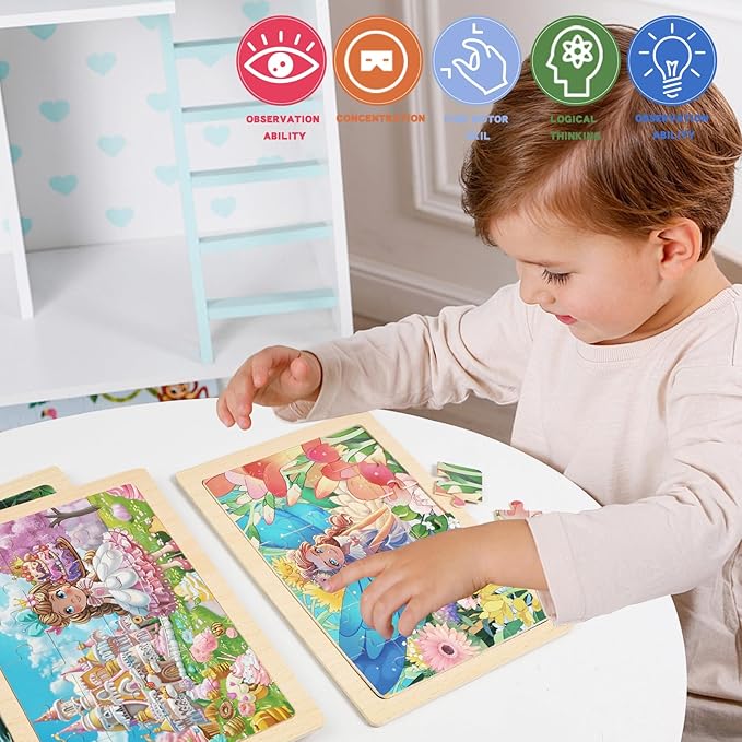 4 Sets of Wooden Puzzles, Each Set has 24 Pieces, Including Castle Unicorn Princess, for Toddlers 3-5, Puzzles for Kids Ages 4-6, Preschool Educational Brain Teaser Toys for Girls 3 4 5 6 Years Old.