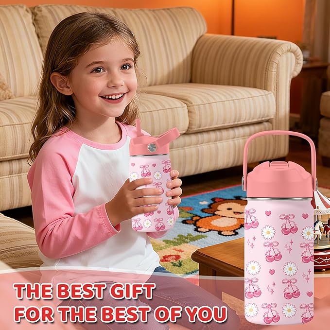 Cherry Gifts for Girls - 12oz Pink Water Bottle with Straw Lid, Stainless Steel Insulated Tumbler, Leakproof, BPA-Free, for Women, Travel - Cherry Lovers Birthday Gift Cup (1pc)