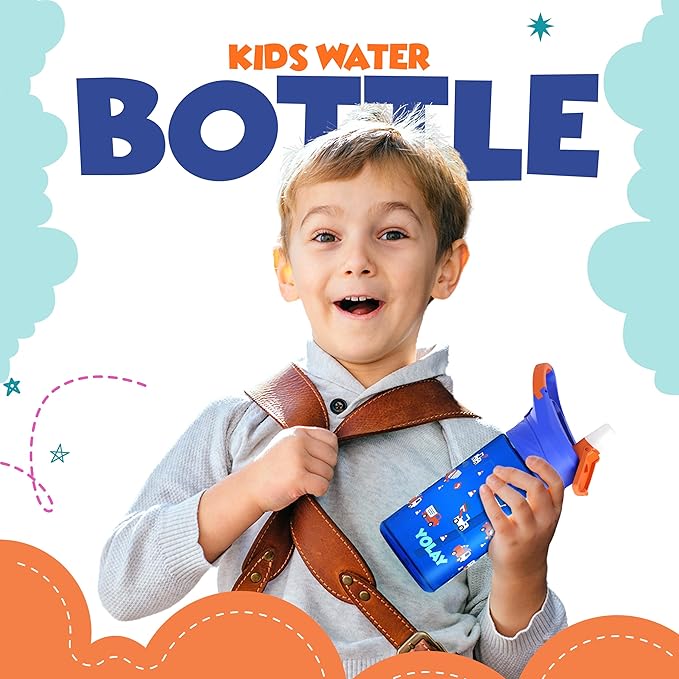 YOLAY 15oz Kids Water Bottle For School Boys and Girls, Durable Toddler Water Bottle with Straw Lid Leak-Proof, Spill Proof, Easy Clean and Dishwasher Safe with Re-Usable and BPA Free - Trucks