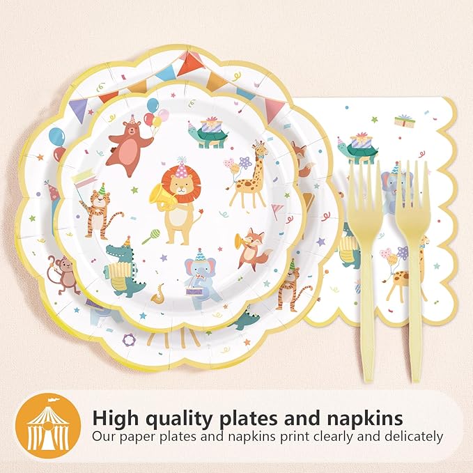 96Pcs Animal Parade Birthday Decorations Circus Carnival Plates and Napkins Circus Animals Birthday Decorations Favors for Kids Boys Girls Baby Shower Festive Circus Theme Party Supplies Serves 24