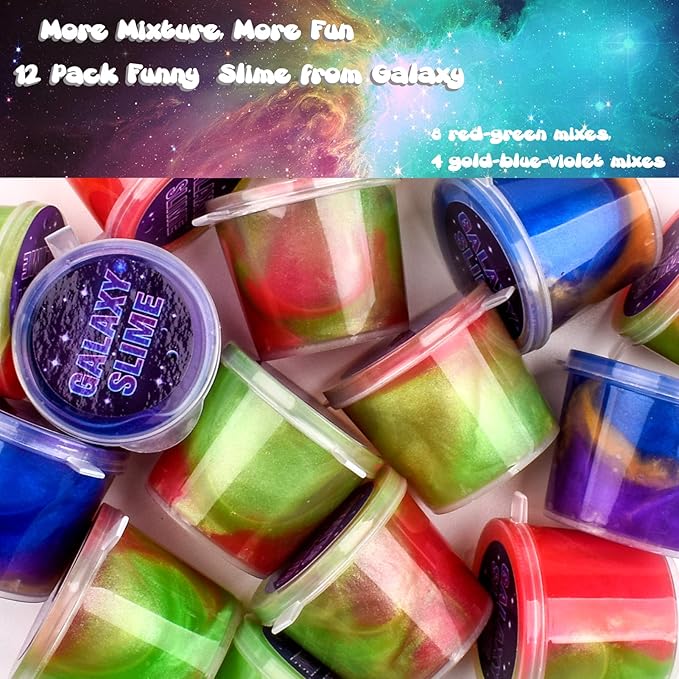 Galaxy Slime Kit 12 Pack, Mini Slime Christmas Party Favor for Kids Goodie Bag Stuffers, Smooth, Soft and Non Sticky, Stress & Anxiety Relief Colorful Slime Pack Toy for Girls Boys