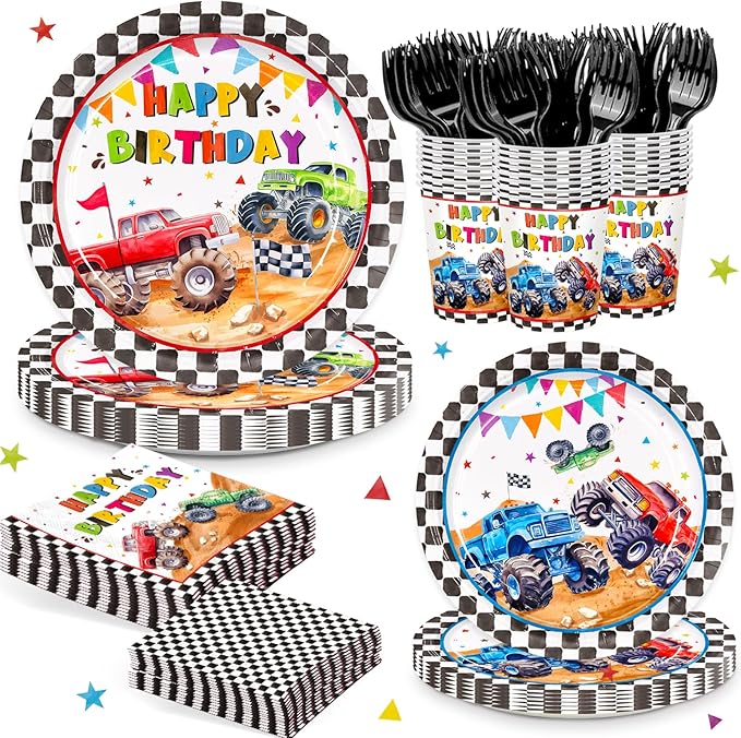 144pcs Monster Truck Birthday Party Decorations Plates Napkins Disposable Truck Paper Cups Monster Truck Party Supplies Tableware Set for Kids Boys Birthday Decor Serve 24 Guests