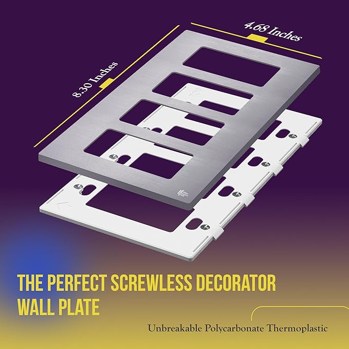 ENERLITES Elite Series Screwless Decorator Wall Plate Child Safe Outlet Cover, Gloss Finish, Size 4-Gang 4.68" H x 8.30" L, Unbreakable Polycarbonate Thermoplastic, SI8834-BSV, Brushed Silver