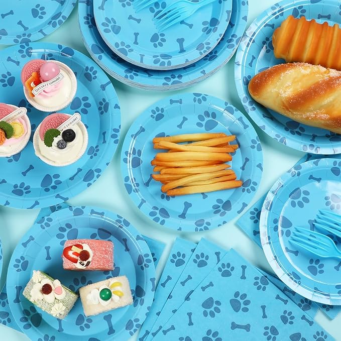 96pcs Dog Paw Prints Party Plates Napkins Dog Paw and Bone Sign Tableware Puppy Pawty Print Dinnerware Disposable Paper Plates for Kids Boy Girl Lets Pawty Birthday Baby Shower Party supplie 24 Guests
