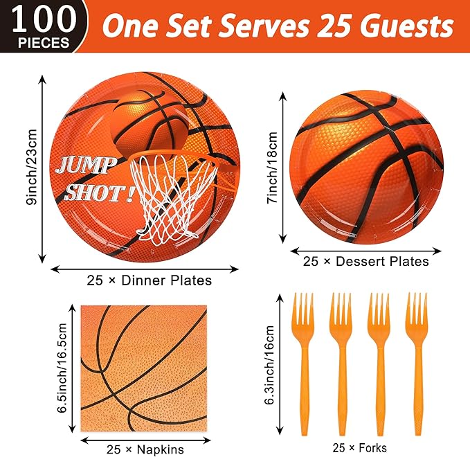 100PCS Basketball Paper Plates and Napkins Basketball Birthday Party Supplies Disposable Party Plates Napkins Forks Tableware Set for Boys Kids Birthday Party Decorations Serves 25