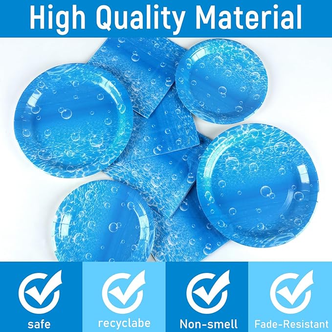 96Pcs Ocean Theme Party Plates and Napkins for Under the Sea Bubbles Birthday Party Supplies Underwater Paper Dessert Cake Plates Ocean Tableware Set for Kids Boys 24 Guests Birthday Party Decorations