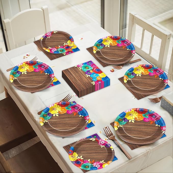 96Pcs Fiesta Party Plates and Napkins for Mexican Party Supplies Wooden Floral Themed Paper Dessert Plates Festival Tableware Set for Kids Boys 24 Guests Birthday Party Decorations