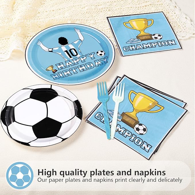 96Pcs Blue Soccer Birthday Party Supplies Blue Soccer Star Plates and Napkins Football Champion Themed Tableware Set for Sports Fans Football Theme Birthday Party Supplies，Serves 24