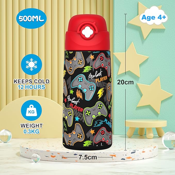 Boys Insulated Water Bottle with Covered Pop-Up Straw,16 oz Kids Cups with Stainless Steel Leak Proof for School（Red-Game）