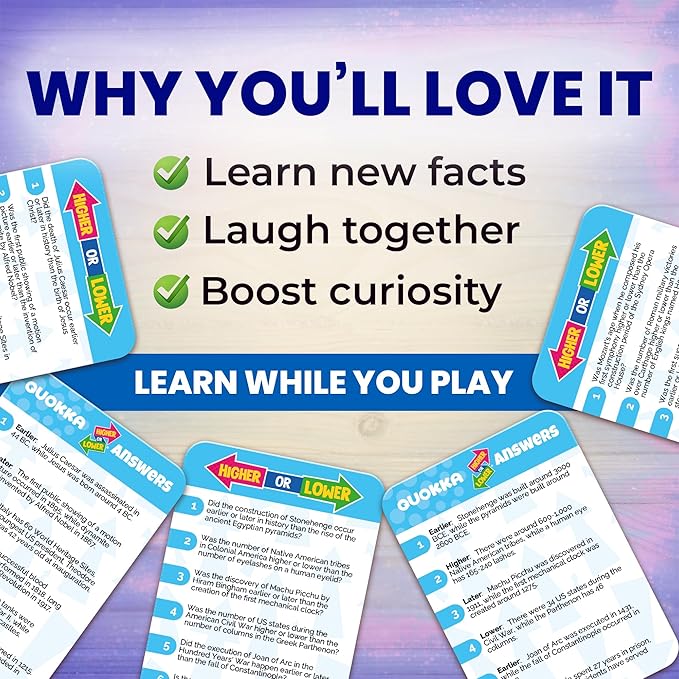 QUOKKA History Board Games for Kids and Adults – Family Board Games for Family Game Night – Higher or Lower Trivia Cards for Kids 8-12 – Guess Fun Questions – Educational Card Game for Families&Teens