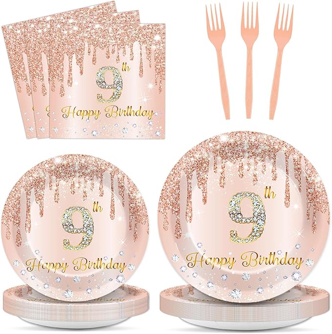 96 Pcs Rose Gold 9th Birthday Party Plates and Napkins for Girls Rose Gold Party Supplies Pink Happy 9 Years Birthday Party Tableware Set for 24 Guests Party Decorations