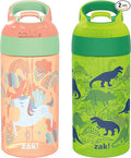 Zak Designs 16oz Riverside Kids Water Bottle with Spout Cover and Built-in Carrying Loop, Made of Durable Plastic, Leak-Proof Water Bottle Design for Travel (Unicorn & Dino Camo, Pack of 2)