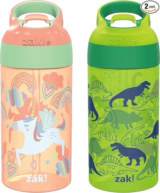 Zak Designs 16oz Riverside Kids Water Bottle with Spout Cover and Built-in Carrying Loop, Made of Durable Plastic, Leak-Proof Water Bottle Design for Travel (Unicorn & Dino Camo, Pack of 2)
