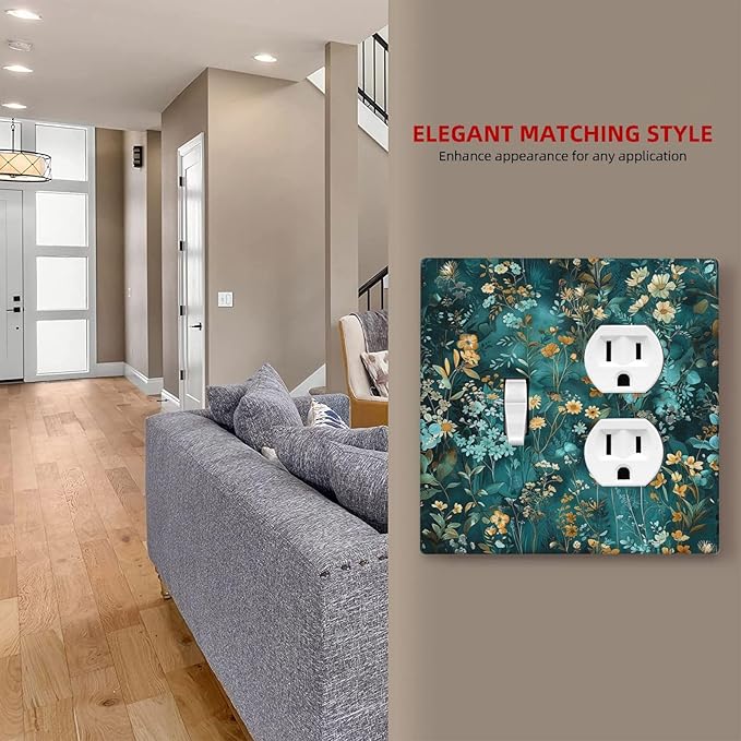 Wallplates Green Leaf Floral Boho Golden Flower Plant 1 Toggle 1 Duplex Switch Plate Electrical Gfci Faceplate Decorative Light Switch Covers For Bed Room Cabin Decor