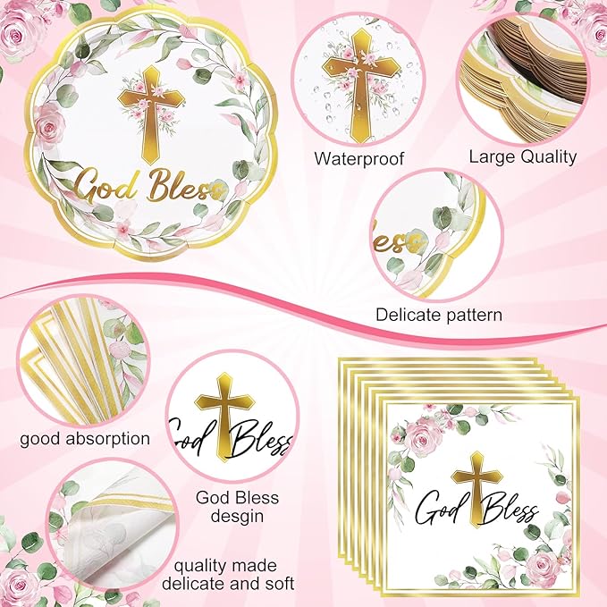 Pickmesh 194 Pcs God Bless Baptism Party Decoration Girl for 24, Pink Floral Baptism Confirmation Paper Plate Napkin Cup Tablecloth Cutlery for First Holy Communion Christening Baby Shower Supplies