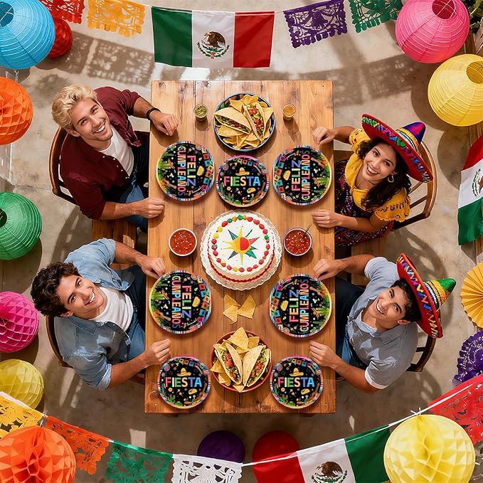 96Pcs Fiesta Birthday Party Decorations Mexican Feliz Cumpleaños Plates and Napkins Cinco De Mayo Party Decorations for Baby Shower Mexico Taco Carnival Birthday Party Supplies Serves 24