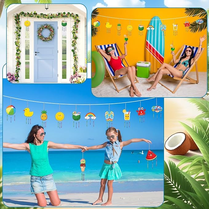 gisgfim 16 Pack Beach Wind Chime Crafts Kits for Kids Make Your Own Luau Hawaii Beach Fruit Wind Chime Wooden DIY Arts and Crafts for Summer Party School Classroom Decoration Supplies Birthday Favors
