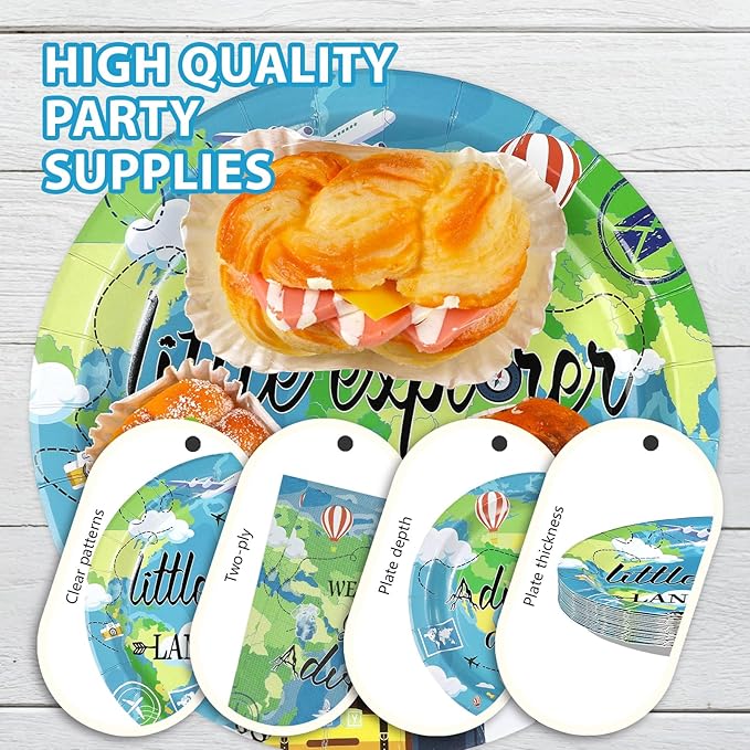 96Pcs Earth Day Baby Shower Party Supplies Adventure Travel Around The World Plates and Napkins World Map Explorer Disposable Tableware Sets for Kids Birthday Baby Shower Party Decorations Serves 24