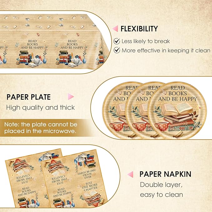 41Pcs Book Themed Party Decorations Vintage Book Club Theme Birthday Supplies Library Reading Theme Plates Napkins Tablecloth,for Library Party, Birthday, Engagement Party Decorations, Serves 20