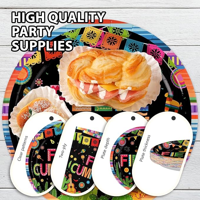96Pcs Fiesta Birthday Party Decorations Mexican Feliz Cumpleaños Plates and Napkins Cinco De Mayo Party Decorations for Baby Shower Mexico Taco Carnival Birthday Party Supplies Serves 24