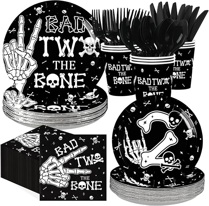 168Pcs Bad Two The Bone Birthday Party Supplies Rock And Roll Plates Napkins Cups Music Theme Tableware Sets 2 Years Old Decorations for 2nd Birthday Baby Shower Party Decorations Serves 24