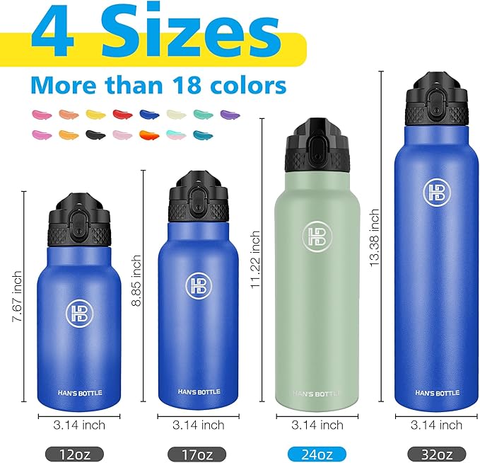 Han's Bottle Sports Water Bottle - 24 Oz, Straw Lid, Leak Proof, Vacuum Insulated Stainless Steel, Double Walled, Thermo Mug,Pine Green