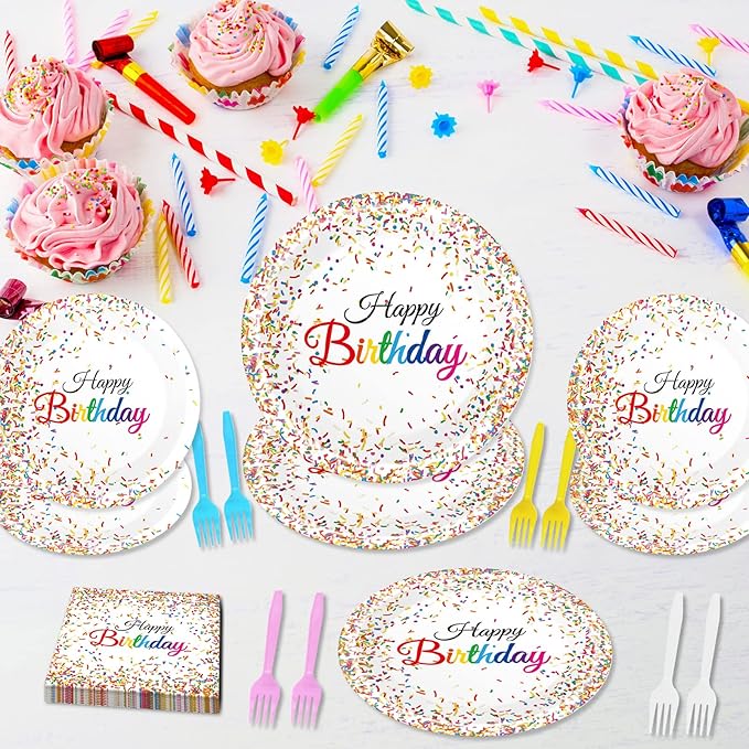 96 Pieces Happy Birthday Plates and Napkins Party Supplies for Confetti Sprinkles Theme Table Decorations Pastel Birthday Party Tableware Donut Paper Plates Napkins Forks Favors for 24 Guests.