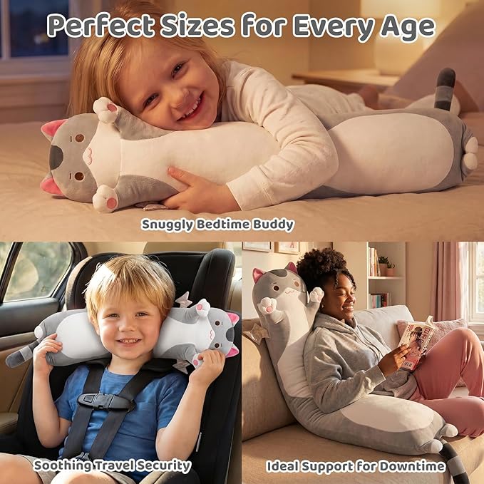 Mewaii Long Cat Plush 5 Sizes, 120% Extra Filling Giant Plushness Kids Body Pillow, Kawaii Cute Grey Cat Stuffed Animals Plushies, Big Long Body Pillow Plush Gift for Girls 28”